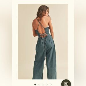 Backless Washed Denim Jumpsuit in Blue